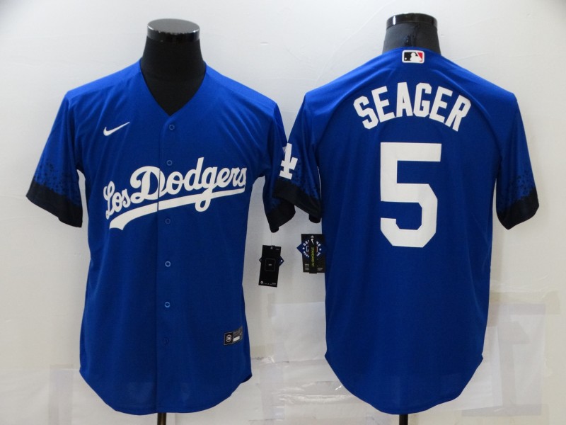 Men's Los Angeles Dodgers #5 Corey Seager Blue 2021 City Connect Cool Base Stitched Jersey