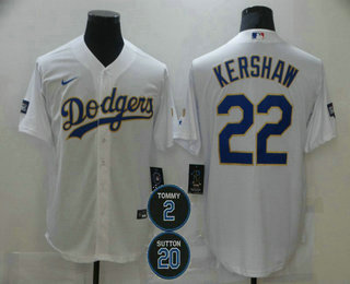 Men's Los Angeles Dodgers #22 Clayton Kershaw White Gold #2 #20 Patch Stitched MLB Cool Base Nike Jersey