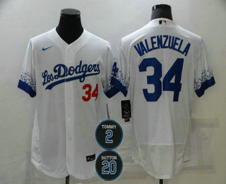 Men's Los Angeles Dodgers #34 Fernando Valenzuela White #2 #20 Patch City Connect Flex Base Stitched Jersey