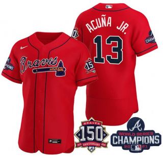 Men's Red Atlanta Braves #13 Ronald Acuna Jr. 2021 World Series Champions With 150th Anniversary Flex Base Stitched Jersey