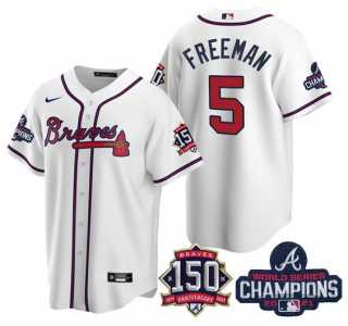 Men's White Atlanta Braves #5 Freddie Freeman 2021 World Series Champions With 150th Anniversary Patch Cool Base Stitched Jersey