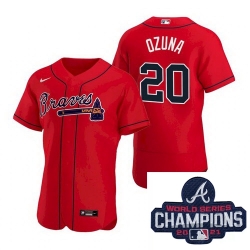 Men Nike Atlanta Braves 20 Marcell Ozuna Red Alternate Stitched Baseball Stitched MLB 2021 Champions Patch Jersey