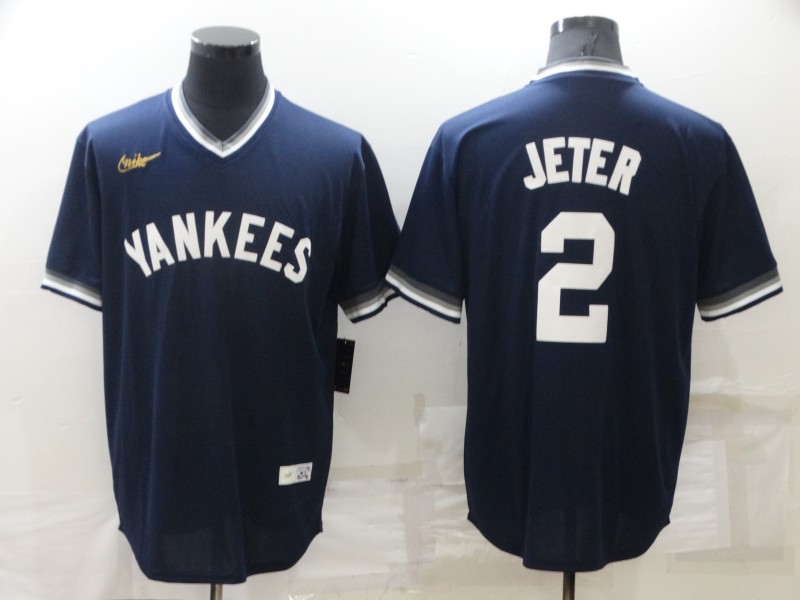 Men's New York Yankees #2 Derek Jeter Navy Blue Cooperstown Collection Stitched MLB Throwback Nike Jersey