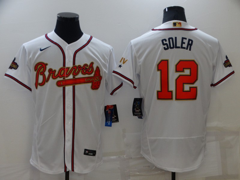 Men's Atlanta Braves #12 Jorge Soler 2022 White Gold World Series Champions Program Flex Base Stitched Baseball Jersey