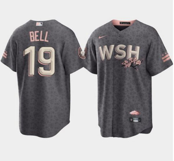 Men's Washington Nationals #19 Josh Bell 2022 Grey City Connect Cherry Blossom Cool Base Stitched Jersey