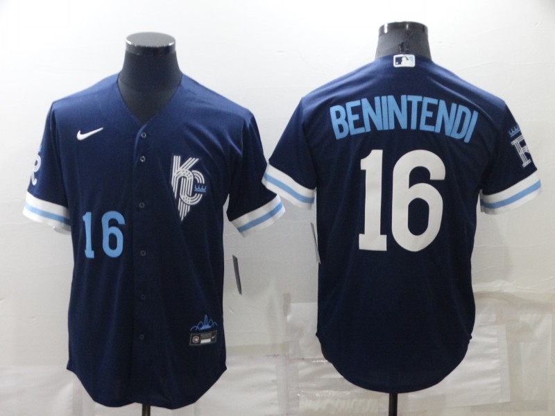 Men's Kansas City Royals #16 Andrew Benintendi Number 2022 Navy Blue City Connect Cool Base Stitched Jersey