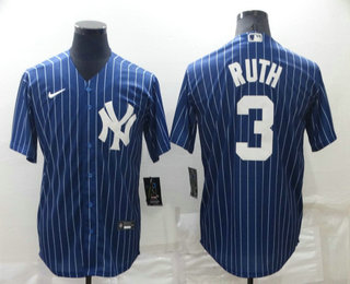 Men's New York Yankees #3 Babe Ruth Navy Blue Pinstripe Stitched MLB Cool Base Nike Jersey