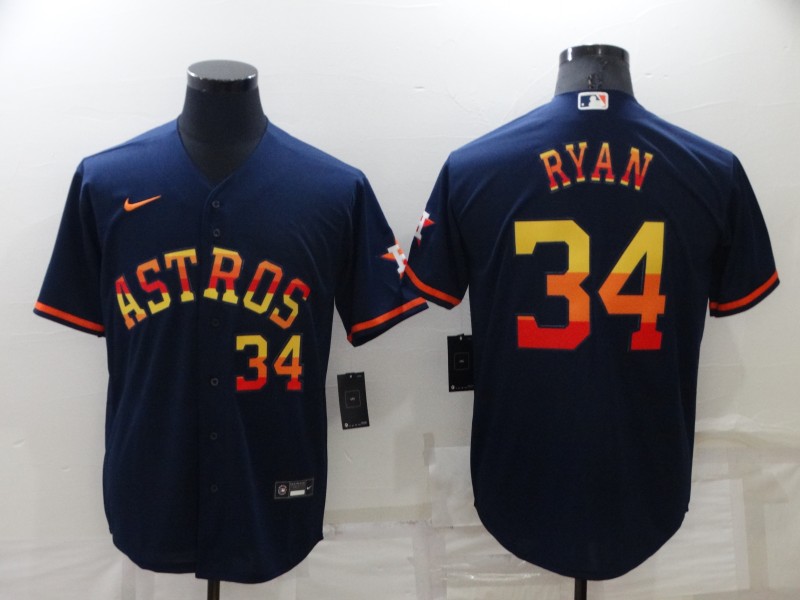 Men's Houston Astros #34 Nolan Ryan Number Navy Blue Rainbow Stitched MLB Cool Base Nike Jersey