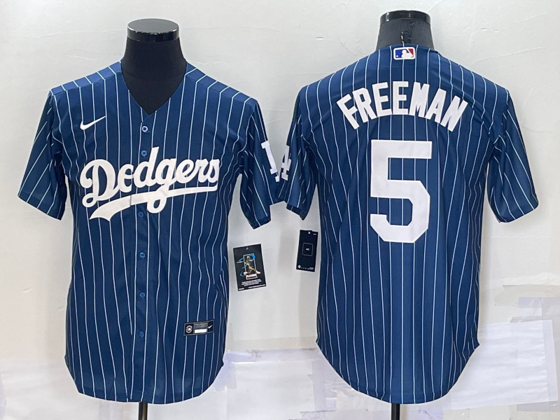 Men's Los Angeles Dodgers #5 Freddie Freeman Navy Blue Pinstripe Stitched MLB Cool Base Nike Jersey