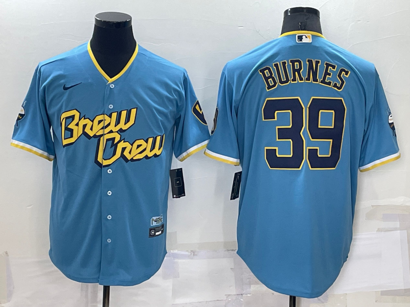 Men's Milwaukee Brewers #39 Corbin Burnes Blue 2022 City Connect Cool Base Stitched Jersey