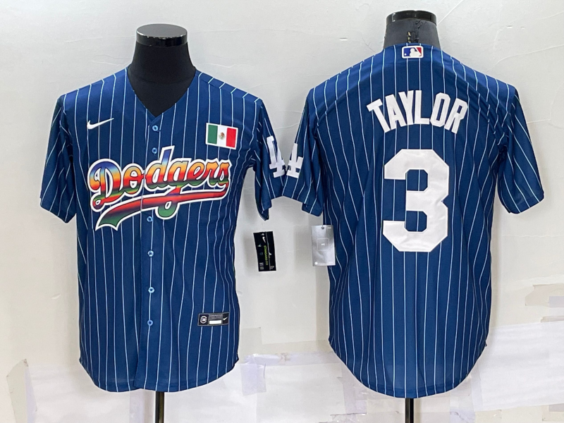 Men's Los Angeles Dodgers #3 Chris Taylor Rainbow Blue Red Pinstripe Mexico Cool Base Nike Jersey