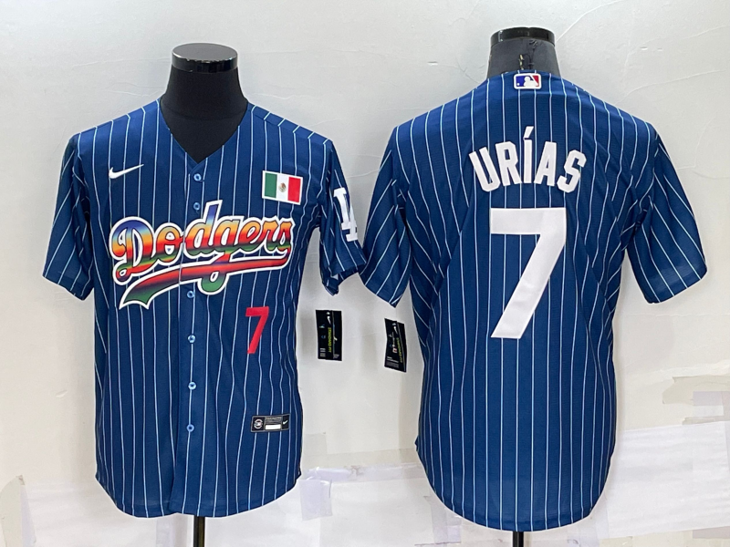 Men's Los Angeles Dodgers #7 Julio Urias Number Rainbow Blue Red Pinstripe Mexico Cool Base Nike Jersey