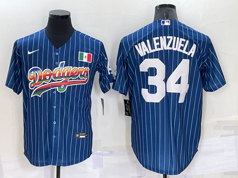 Men's Los Angeles Dodgers #34 Fernando Valenzuela Rainbow Blue Red Pinstripe Mexico Cool Base Nike Jersey