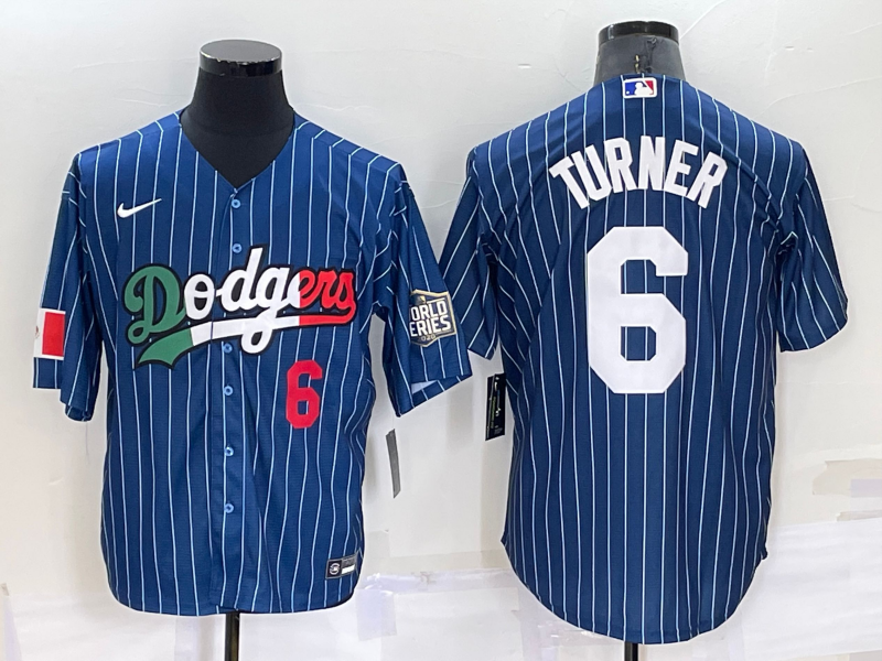 Men's Los Angeles Dodgers #6 Trea Turner Number Navy Blue Pinstripe 2020 World Series Cool Base Nike Jersey