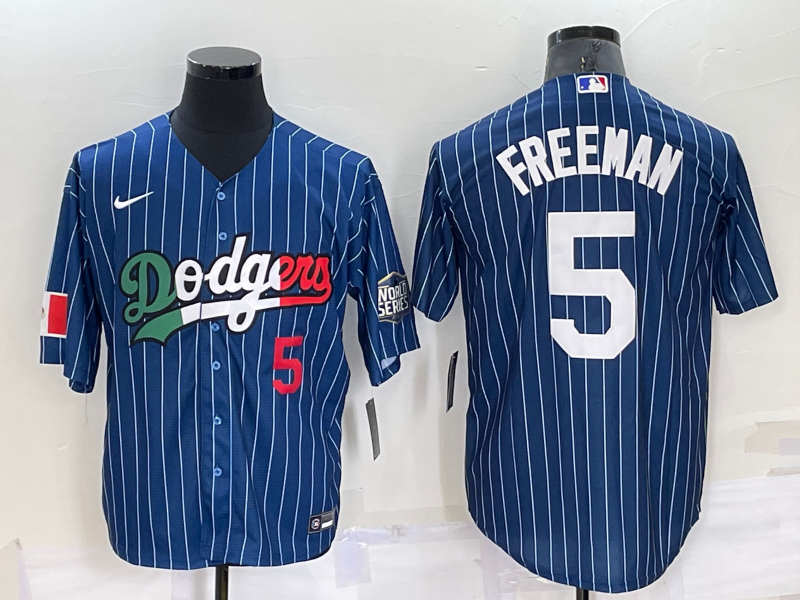 Mens Los Angeles Dodgers #5 Freddie Freeman Number Navy Blue Pinstripe 2020 World Series Cool Base Nike Jersey