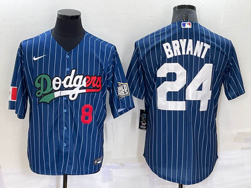 Men's Los Angeles Dodgers #8 #24 Kobe Bryant Number Navy Blue Pinstripe 2020 World Series Cool Base Nike Jersey