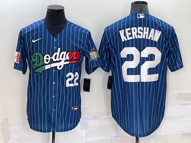 Mens Los Angeles Dodgers #22 Clayton Kershaw Number Navy Blue Pinstripe 2020 World Series Cool Base Nike Jersey