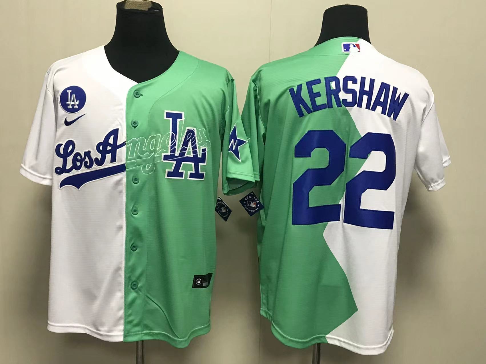 Men's Los Angeles Dodgers #22 Clayton Kershaw White Green 2022 Celebrity Softball Game Cool Base Jersey