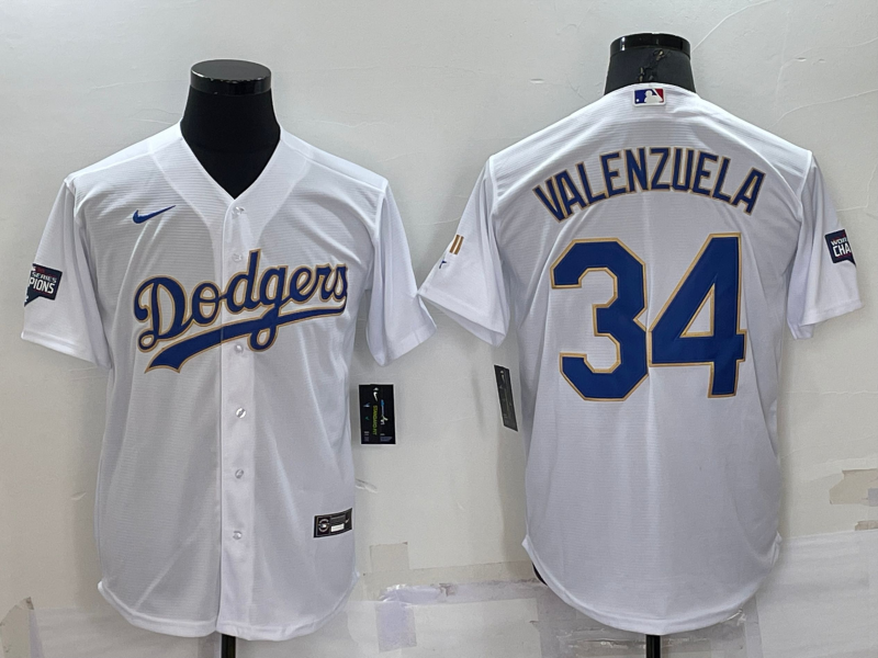 Men's Los Angeles Dodgers #34 Fernando Valenzuela White Gold Championship Stitched MLB Cool Base Nike Jersey