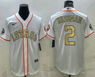 Men's Houston Astros #2 Alex Bregman White Gold 2022 World Series Champions Stitched Cool Base Nike Jersey