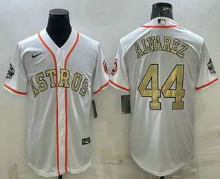 Men's Houston Astros #44 Yordan Alvarez White Gold 2022 World Series Champions Stitched Cool Base Nike Jersey