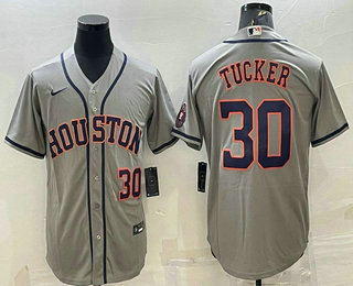 Men's Houston Astros #30 Kyle Tucker Number Grey With Patch Stitched MLB Cool Base Nike Jersey