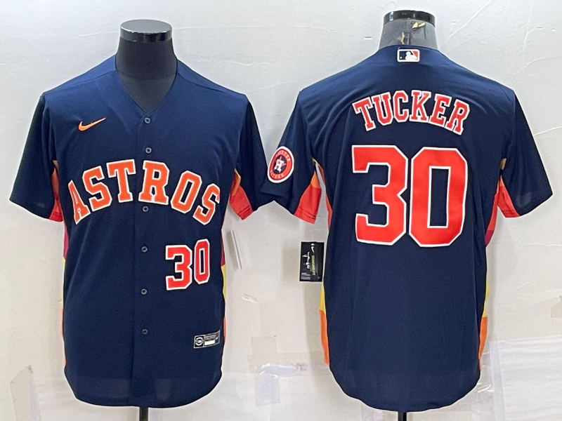 Men's Houston Astros #30 Kyle Tucker Number Navy Blue With Patch Stitched MLB Cool Base Nike Jersey