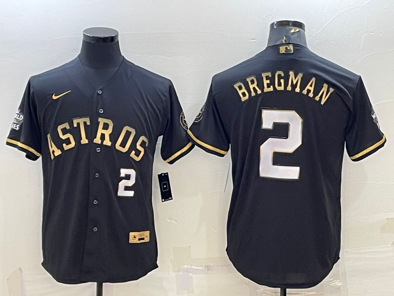 Men's Houston Astros #2 Alex Bregman Number Black Gold 2022 World Series Stitched Baseball Jersey