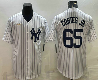 Men's New York Yankees #65 Nestor Cortes Jr White Pinstripe Stitched MLB Cool Base Nike Jersey