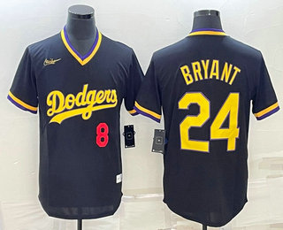 Men's Los Angeles Dodgers #8 #24 Kobe Bryant Number Black Stitched Pullover Throwback Nike Jersey1