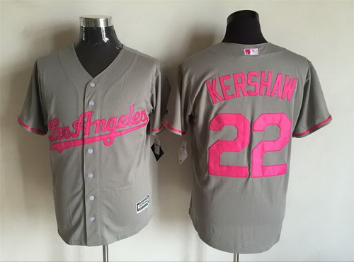 Men's Los Angeles Dodgers #22 Clayton Kershaw Gray With Pink 2016 Mother's Day Baseball Cool Base Jersey