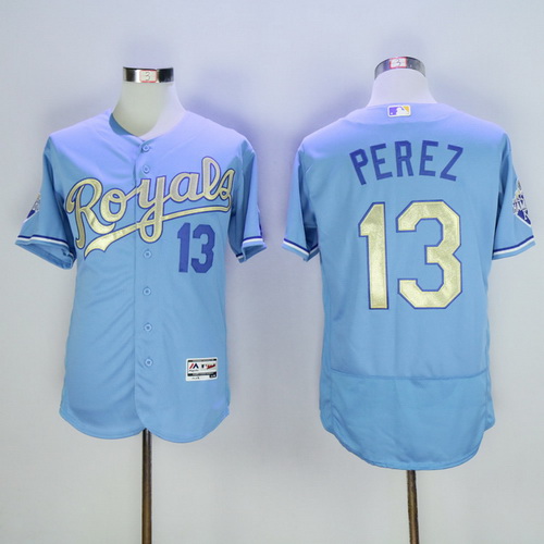 Men's Kansas City Royals #13 Salvador Perez Light Blue 2015 World Series Champions Gold Program FlexBase Jersey