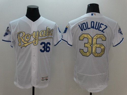 Men's Kansas City Royals #36 Edinson Volquez Majestic White World Series Champions Gold Program FlexBase Player Jersey