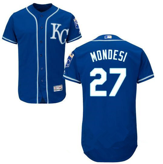 Men's Kansas City Royals #27 Raul A. Mondesi Navy Blue KC Stitched MLB Majestic Cool Base Jersey