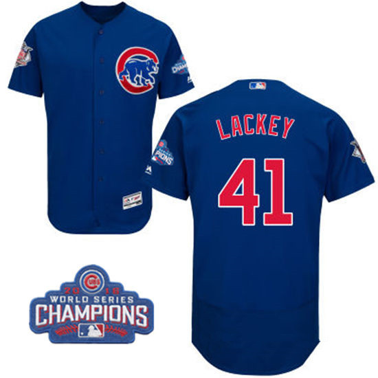 Men's Chicago Cubs #41 John Lackey Royal Blue Majestic Flex Base 2016 World Series Champions Patch Jersey