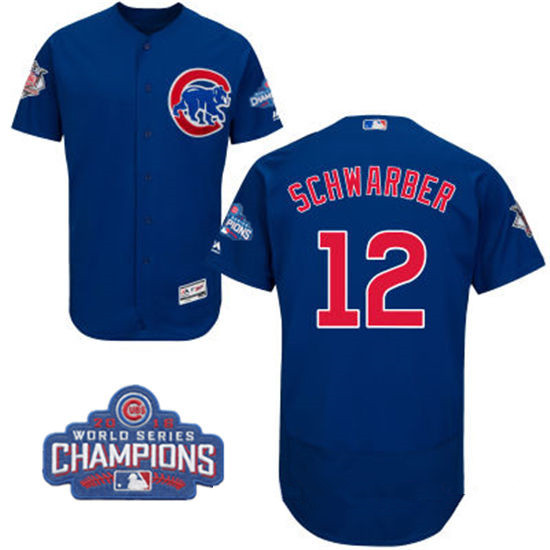 Men's Chicago Cubs #12 Kyle Schwarber Royal Blue Majestic Flex Base 2016 World Series Champions Patch Jersey