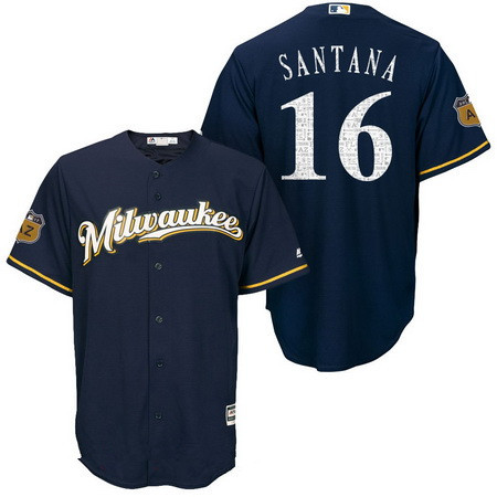 Men's Milwaukee Brewers #16 Domingo Santana Navy Blue 2017 Spring Training Stitched MLB Majestic Cool Base Jersey