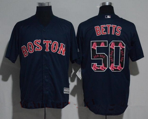 Men's Boston Red Sox #50 Mookie Betts Navy Blue Team Logo Ornamented Stitched MLB Majestic Cool Base Jersey