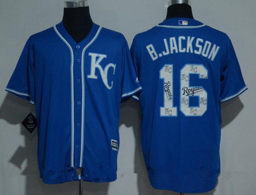 Men's Kansas City Royals #16 Bo Jackson Retired Royal Blue Team Logo Ornamented Stitched MLB Majestic Cool Base Jersey