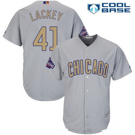 Men's Chicago Cubs #41 John Lackey Gray World Series Champions Gold Stitched MLB Majestic 2017 Cool Base Jersey