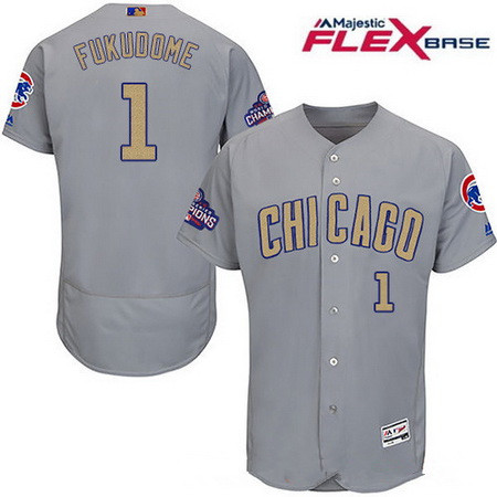 Men's Chicago Cubs #1 Kosuke Fukudome Gray World Series Champions Gold Stitched MLB Majestic 2017 Flex Base Jersey