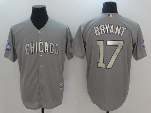 Men's Chicago Cubs #17 Kris Bryant Gray World Series Champions Gold Stitched MLB Majestic 2017 Cool Base Jersey