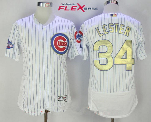 Men's Chicago Cubs #34 Jon Lester White World Series Champions Gold Stitched MLB Majestic 2017 Flex Base Jersey