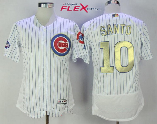 Men's Chicago Cubs #10 Ron Santo Retired White World Series Champions Gold Stitched MLB Majestic 2017 Flex Base Jersey