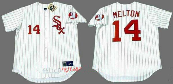 Men's Chicago White Sox #14 Bill Melton White with Red Pinstirpe Button 1970 Throwback Jersey By Mitchell & Ness