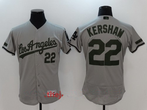 Men's Los Angeles Dodgers #22 Clayton Kershaw Gray with Green Memorial Day Stitched MLB Majestic Flex Base Jersey