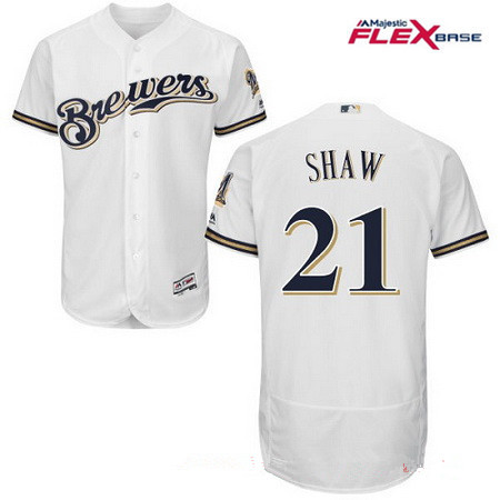 Men's Milwaukee Brewers #21 Travis Shaw All White Stitched MLB Majestic Flex Base Jersey