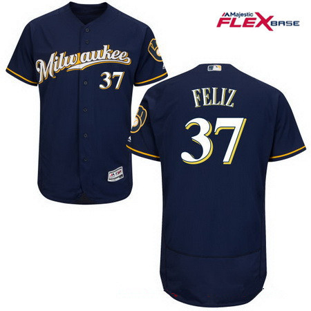 Men's Milwaukee Brewers #37 Neftali Feliz Navy Blue Milwaukee Stitched MLB Majestic Flex Base Jersey