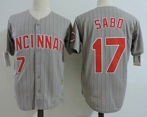 Men's Cincinnati Reds #17 Chris Sabo Gray Pinstripe 1993 Throwback Stitched MLB Majestic Cooperstown Collection Jersey