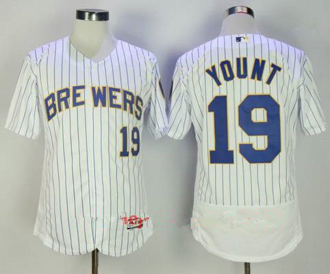 Men's Milwaukee Brewers #19 Robin Yount Retired White Pinstripe Stitched MLB Majestic Flex Base Jersey